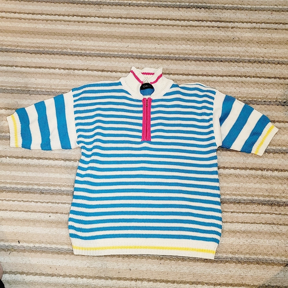 Catalina Blue and White Striped Short-Sleeve Crew Sweater with Pink Zip